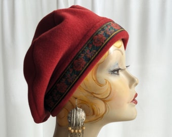 Paprika Polar Fleece Beret with Floral Tapestry Trim