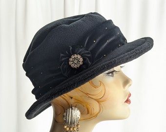 Black Polar Fleece Brim Hat with Studded Velvet Band