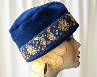 Navy Blue Fez Cap with Wide Celestial Trim for Men and Women