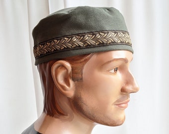 Men's Dark Olive Green Cotton Kufi Fez Cap, Tubetieka, Kazakhi, Drumming Cap