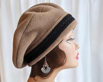 Cappuccino Polar Fleece Beret with Black Beadette Trim