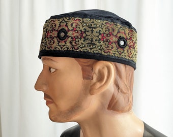 Men's Black Cotton Kufi/Fez, Drumming Cap with Wide Mirrored Trim  ~  Tubeteiki, Kazakhi, Drumming cap.