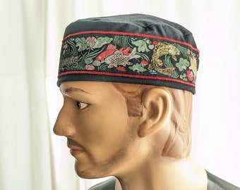 Men's Black Cotton Kufi/Fez, Drumming Cap with Metallic Koi Fish Trim