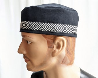 Men's Black Cotton Kufi Fez Cap, Tubetieka, Kazakhi, Drumming Cap