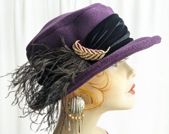 Eggplant Brim Hat with removable Ostrich Feather Pin