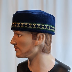 Men's Navy Blue Polar Fleece Kufi Fez Cap with Runic Diamond Trim