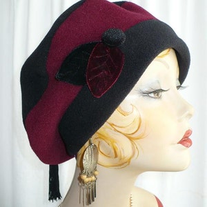 Women's Black and Maroon Fleece Beret with Handmade Velvet Leaves, Button & Tassel