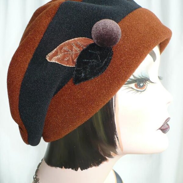 Women's Black and Rootbeer Fleece Beret, Polar Fleece Beret, with Handmade Velvet Leaves and Button