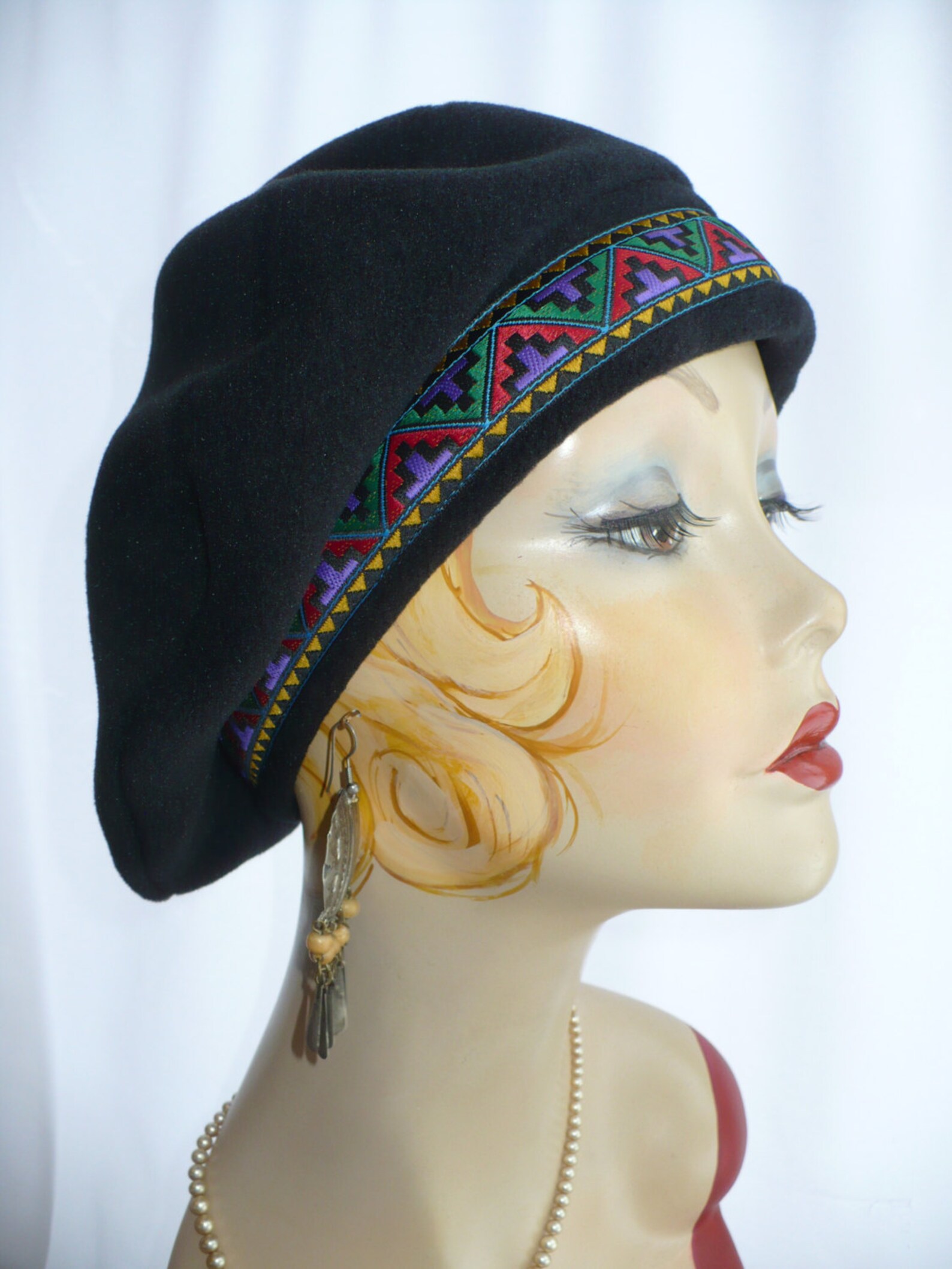 Men's/woman's Black Fleece Beret Aztec Trim - Etsy