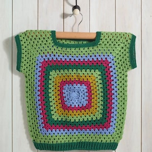 Handmade Green Crochet Crop Top, Colorful Granny Square Cotton Blouse, Summer Knitwear Tee, Boho Festival Shirt, Vintage Style Top For Her