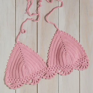 Handmade Cotton Crochet Pink Crop Bustier Top – Boho Lace-Edged Summer Halter Bralette, Tie-Back Adjustable Skin-Friendly Knit Crop Top