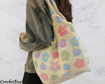 Plush Floral Tote Bag: Soft Fuzzy Shoulder Handbag