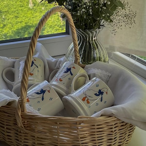 Handmade Stoneware Goose Mug, Ceramic Duck Coffee Cup, Vintage Style Farmhouse Mug, Blue Ribbon Goose Design, Unique Gift Idea