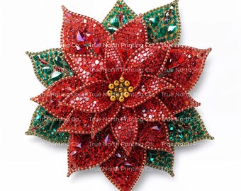 Imágenes prediseñadas de 18 flores de Pascua y acebo con piedras preciosas / Plantas navideñas brillantes / Arte navideño festivo / Decoración navideña para pared