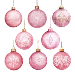 8 Pink Christmas Ornaments Clipart Bundle | Elegant Holiday Decor Gifts | Unique Festive Baubles Digital Download | Commercial Use