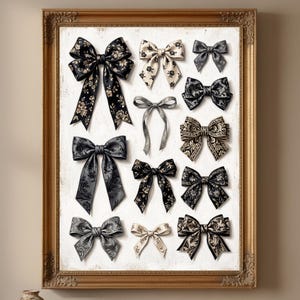 May include: A framed artwork featuring an assortment of decorative bows in various styles and sizes. The bows are primarily black, gray, and cream, with floral and patterned designs. The artwork is set against a white background and framed in gold.
