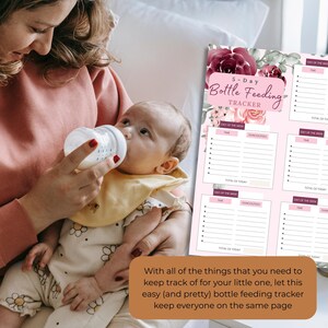 Op de afbeelding: Een baby drinkt uit een fles. Een roze en bloemrijke 5-daagse flesvoedingstracker is zichtbaar. De tracker heeft ruimtes om tijd en milliliters te registreren. De tekst luidt "5-Day Bottle Feeding Tracker".