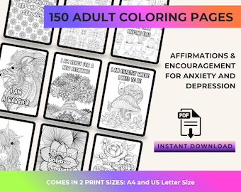 150 Affirmation Coloring Pages | Anxiety Relief Printable (PLR/MRR)