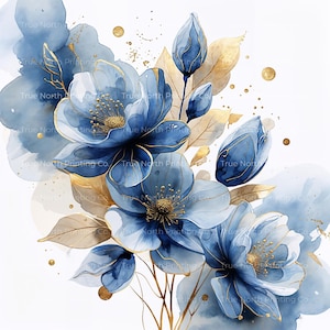 Op de afbeelding: Waterverf bloemenkunst met blauwe bloemen en gouden accenten en bladeren. Het ontwerp bevat gouden spikkels en een zachte blauwe aquarel achtergrond. De tekst "True North Printing Co." is zichtbaar.