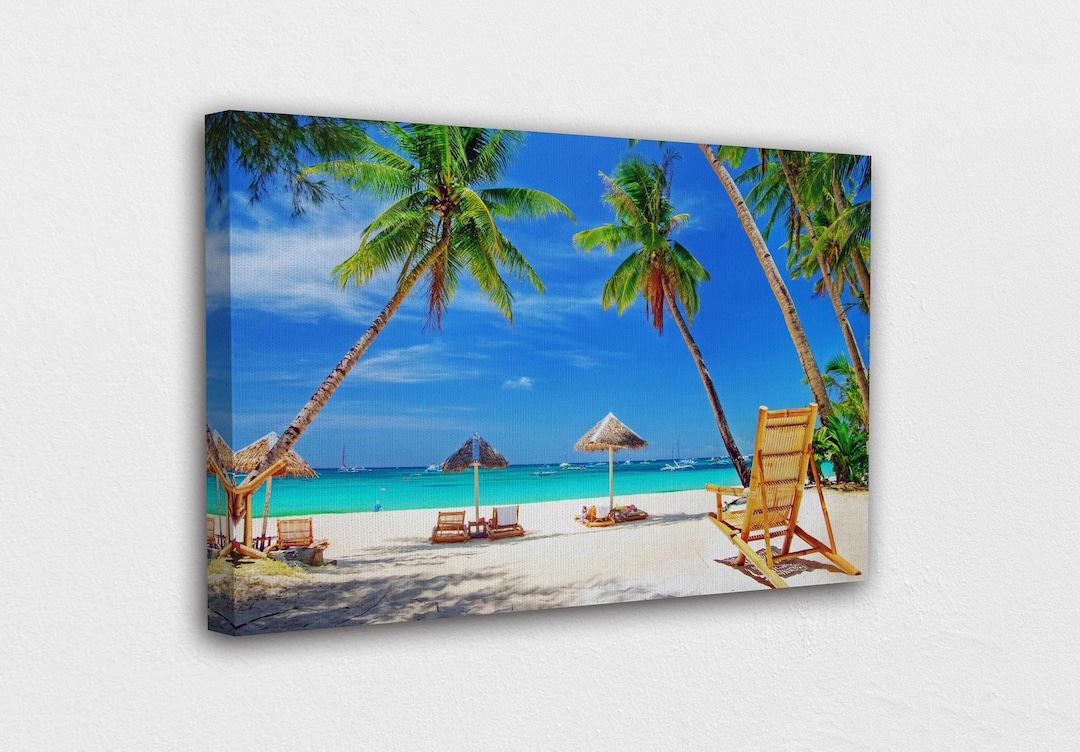 White Sand Beach Ocean Canvas Wall Art Design / Tempered Glass Wall Art ...