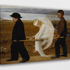 May include: A canvas print of a painting depicting three figures. Two boys in dark clothing carry a stretcher holding a figure in white robes and angel wings. The background shows a landscape with a body of water.