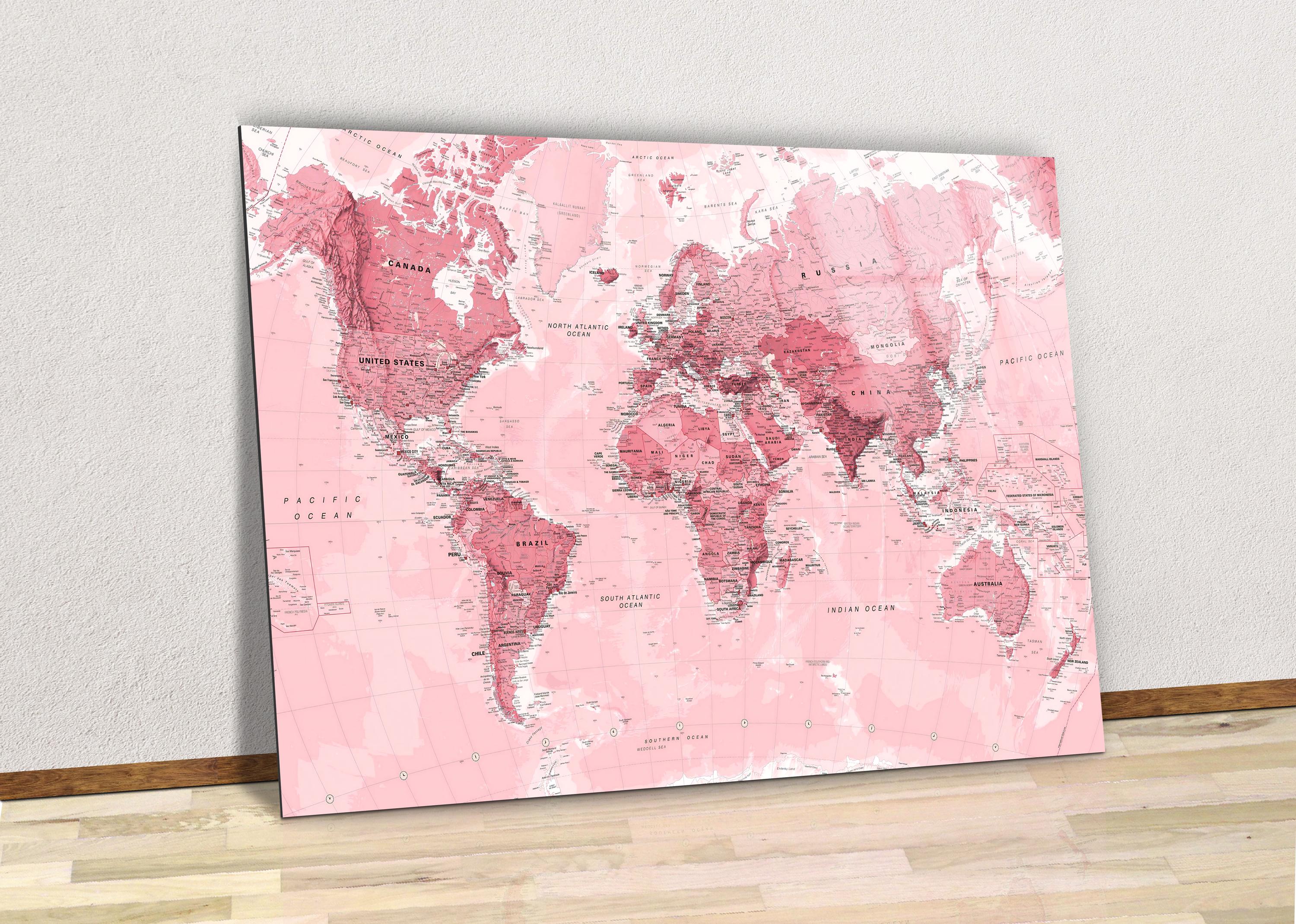 Pink World Map Label Pink World Map Canvas Wall Art Design / Tempered Glass Wall Art Design ...