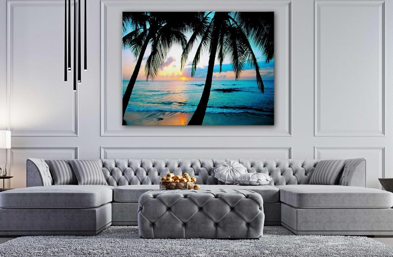 Sunset on Beach Side W Coconut Trees Canvas Wall Art Design / Tempered ...