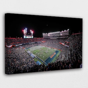 May include: A canvas print of a nighttime football game in a stadium filled with spectators. Fireworks burst in the sky above the stadium. The field is lit up, and a marching band is on the field.