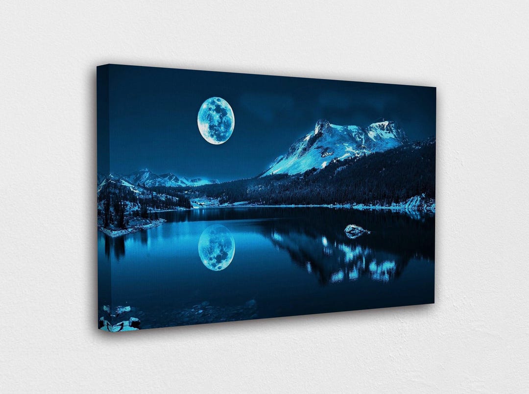 Blue Night Mountains Lake and Moon Canvas Wall Art Design / Tempered ...