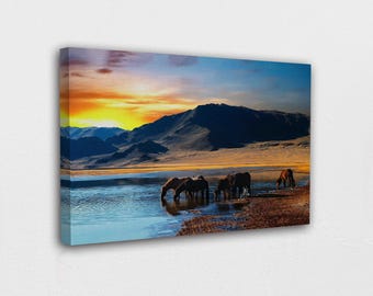 Thirsty Horses on the Sunset Lake Canvas Wall Art / Glass Wall Art Design | Poster Print Décor for Home | POSTER or CANVAS READY to Hang.