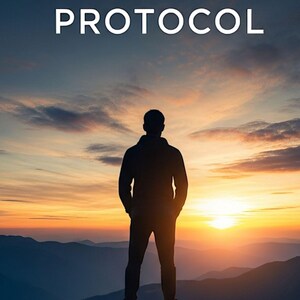 Op de afbeelding: Silhouet van een persoon op een bergtop tegen een zonsondergang. De tekst "THE PROLACTIN PROTOCOL" staat in het wit bovenaan. De lucht toont een verloop van oranje, geel en blauw.