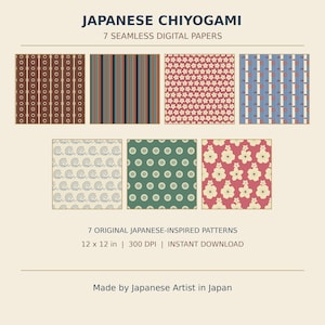 以下が含まれることがあります： JAPANESE CHIYOGAMI, 7 SEAMLESS DIGITAL PAPERSというタイトルの7種類のシームレスデジタルペーパーコレクション。茶色の円、縦縞、赤い花、青い竹、青い渦巻き、緑の円などのパターンが含まれています。30.48 x 30.48 cm。