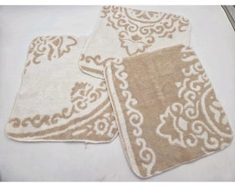Lot Of 3 Vintage 70s Tan Beige White Reversible Washcloths Moroccan Style