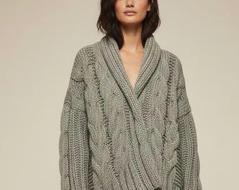 Luxury Knitted Cardigan: Oversized Chunky Wool Aran Knit Sweater Jacket.