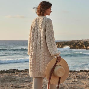 May include: A cream-colored, cable-knit cardigan with long sleeves and a knee-length design. A straw sun hat with a brown leather strap is held in the hand. The background features a beach and ocean.