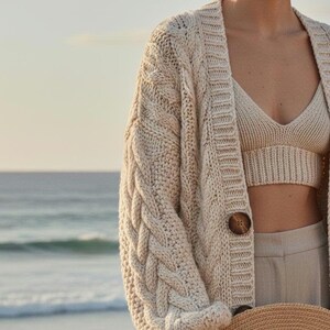 Handmade Wool Cardigan, Chunky Knit Cardigan, Oversized Designer Sweater, Natural Wool Coatigan image 5