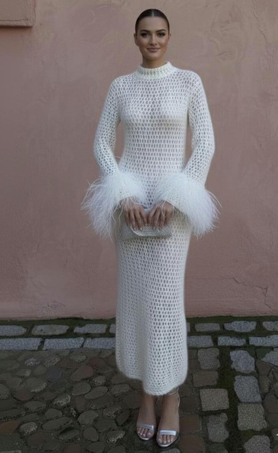 Mohair Wedding Dress with Feather Sleeves, Open Back Bridal Dress, Handmade Knit Bridal Gown, Custom Size Boho Wedding Dress