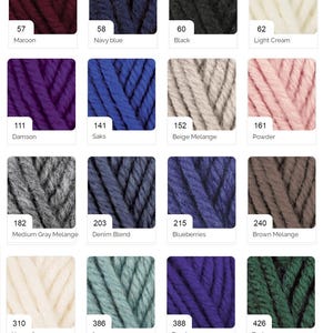 May include: A color chart displaying various shades of yarn. The chart includes colors such as gray melange, dried rose, white, red, maroon, navy blue, black, light cream, damson, saks, beige melange, powder, medium gray melange, denim blend, blueberries, brown melange, honey foam, azure, purple, and dark green.
