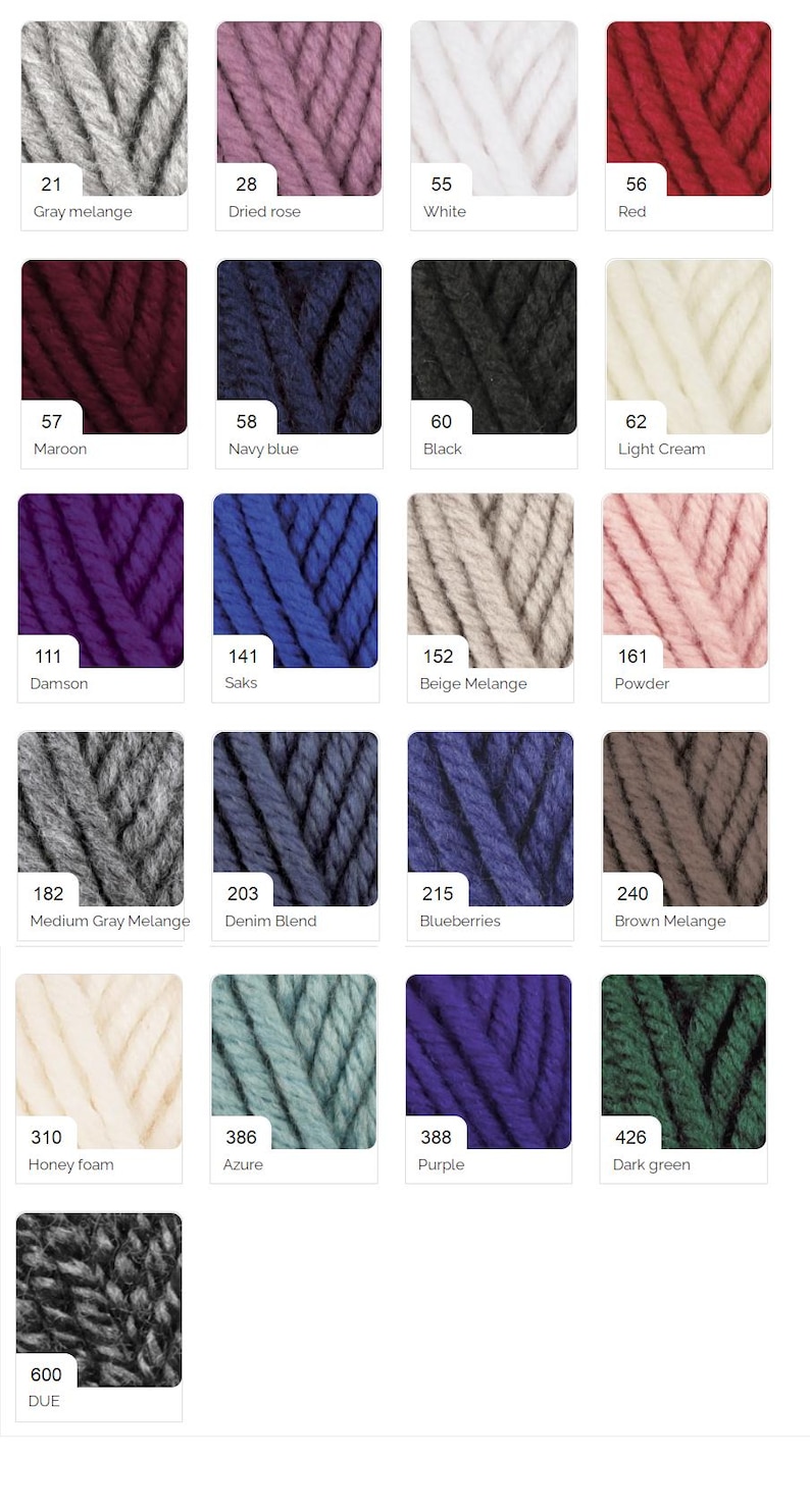 May include: A color chart displaying various shades of yarn. The chart includes colors such as gray melange, dried rose, white, red, maroon, navy blue, black, light cream, damson, saks, beige melange, powder, medium gray melange, denim blend, blueberries, brown melange, honey foam, azure, purple, and dark green.