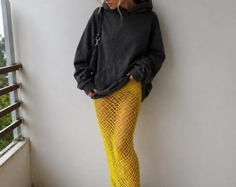 Handmade Yellow Fishnet Skirt, Crochet Mesh Maxi Skirt, Cotton Beach Cover Up, Festival Statement Skirt, Boho Summer Skirt