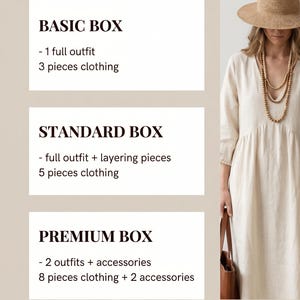 May include: An image promoting a Boho Outfit Bundle, with options for Basic, Standard, and Premium boxes. The Basic Box includes a full outfit and 3 clothing pieces. The Standard Box offers a full outfit with layering pieces and 5 clothing items. The Premium Box includes 2 outfits, accessories, and 8 clothing pieces plus 2 accessories.