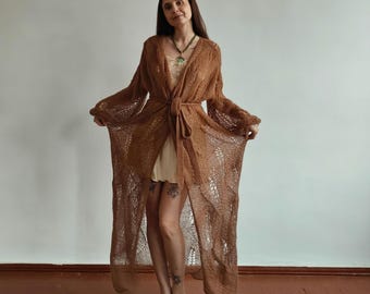 Caramel Mohair Duster Cardigan, Hand Knit Long Lace Cardigan, Bridal Robe, Boho Wedding Cover Up, Custom Size