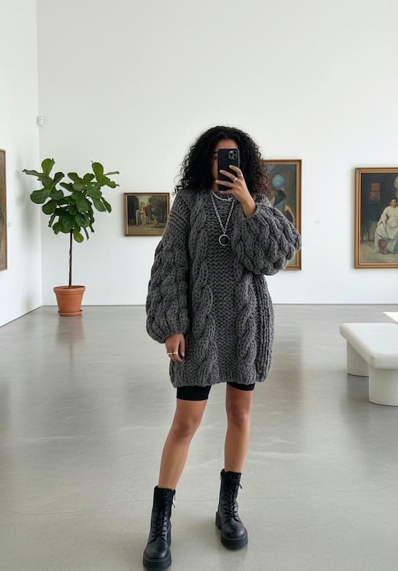 Cable Knit Oversize Sweater, Chunky Gray Jumper, Hand Knitted Wool Pullover, Gray Oversized Cardigan, Cozy Winter Clothing, Gift for Her