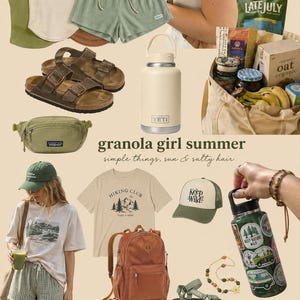 May include: A selection of summer items, including a white Yeti water bottle, sandals, shorts, a backpack, and a "Keep Wild" cap. The image also features snacks, a t-shirt, and the text "granola girl summer".