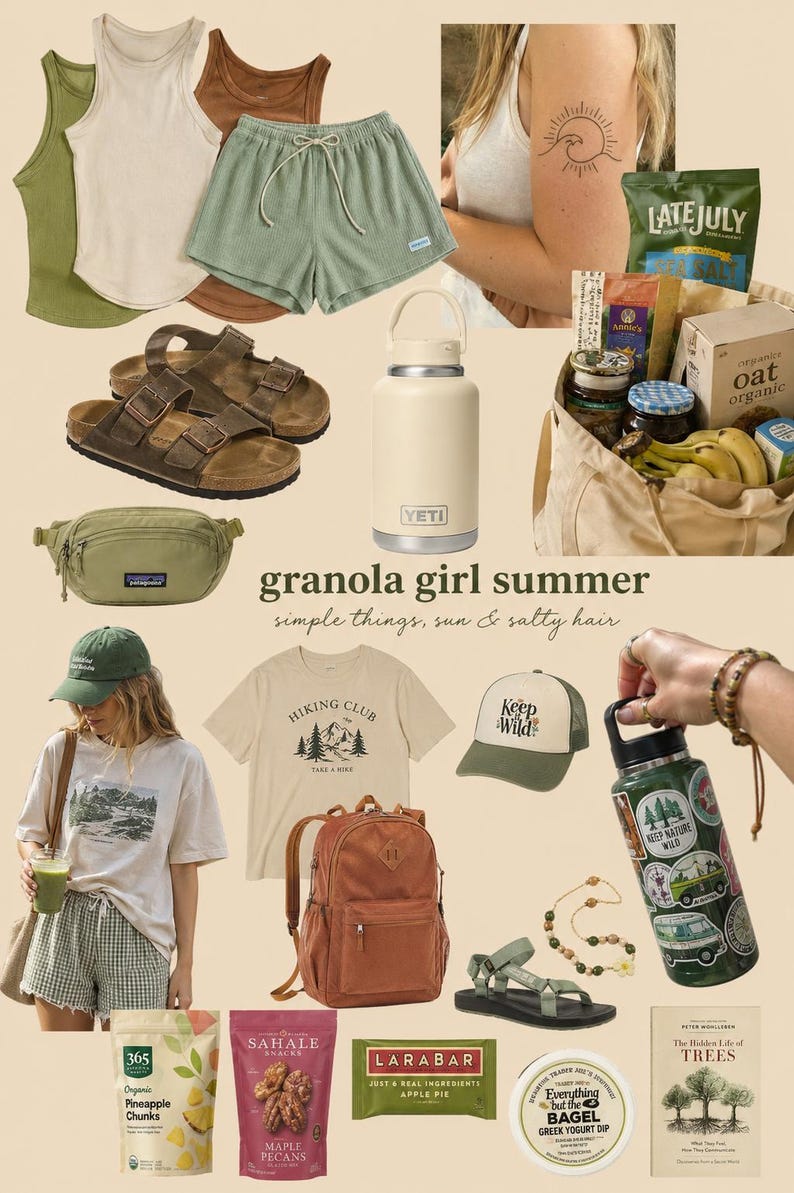 May include: A selection of summer items, including a white Yeti water bottle, sandals, shorts, a backpack, and a "Keep Wild" cap. The image also features snacks, a t-shirt, and the text "granola girl summer".