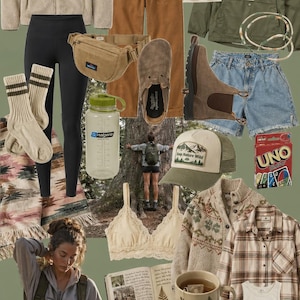 May include: A selection of outdoor and casual clothing and accessories. Items include a fleece jacket, corduroy trousers, a bum bag, leggings, a water bottle, a hat, a bra, a flannel shirt, shorts, socks, shoes, and Uno cards. The colour scheme is earthy.