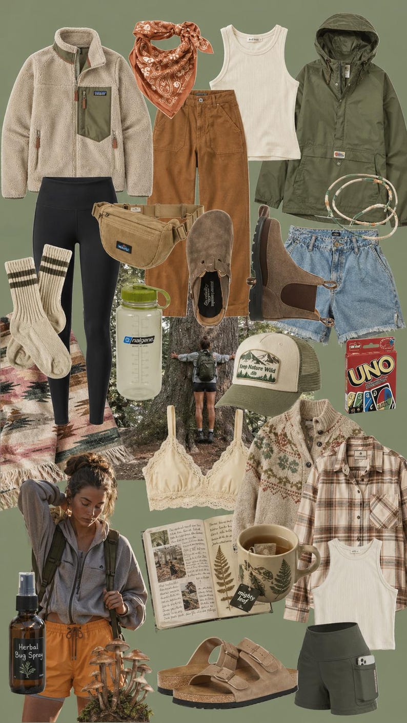 May include: A selection of outdoor and casual clothing and accessories. Items include a fleece jacket, corduroy trousers, a bum bag, leggings, a water bottle, a hat, a bra, a flannel shirt, shorts, socks, shoes, and Uno cards. The colour scheme is earthy.