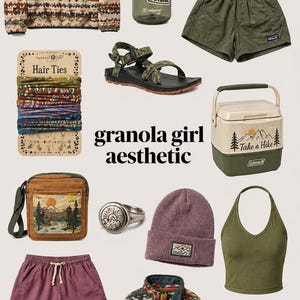 May include: An assortment of outdoor and camping-themed items. Includes a patterned fleece, water bottle, a mug with "The Adventure Begins" text, shorts, sandals, hair ties, a crossbody bag, a ring, a beanie, a crop top, a cooler, shorts, sandals, and a necklace. The text "granola girl aesthetic" is also present.