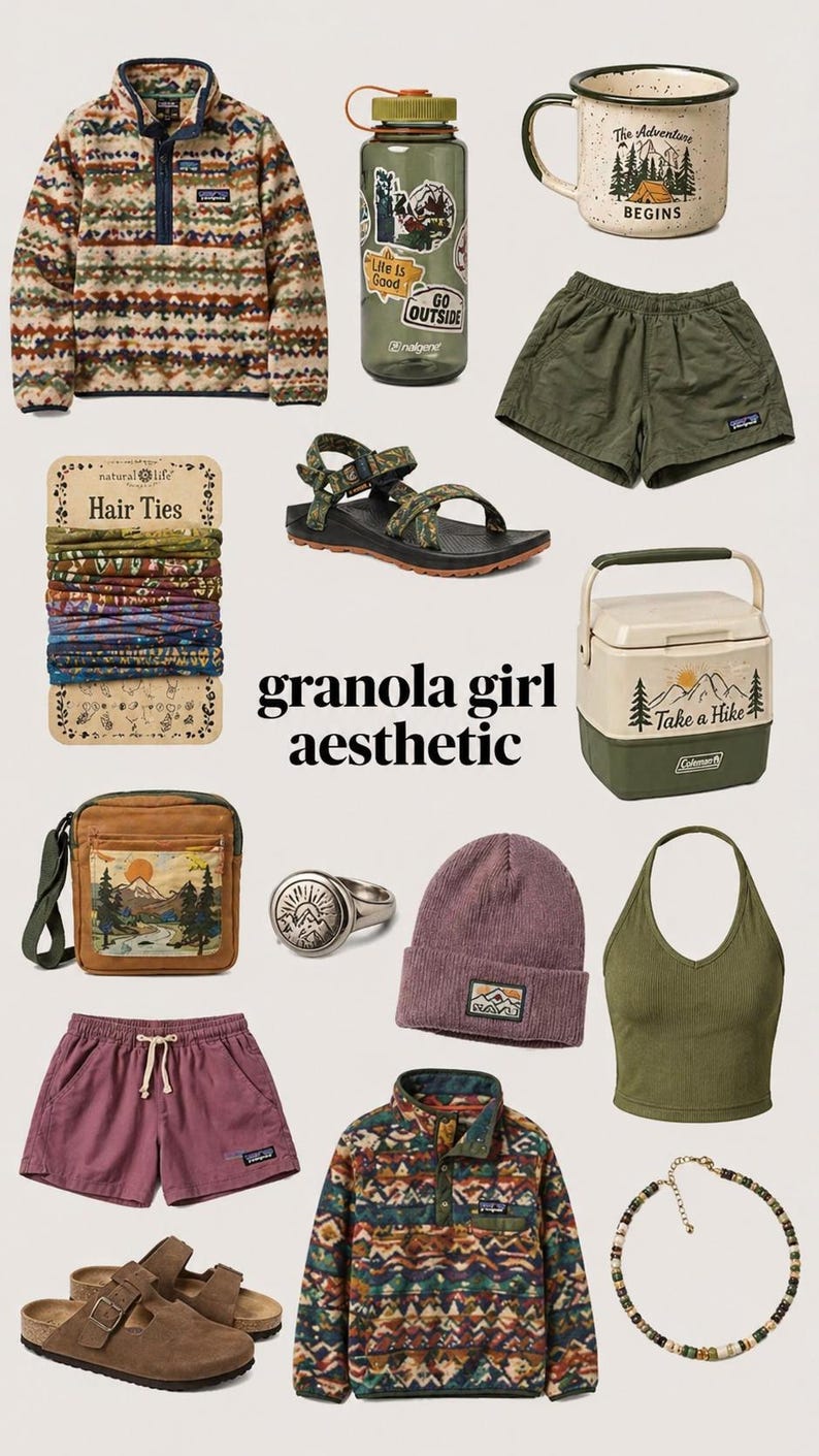 May include: An assortment of outdoor and camping-themed items. Includes a patterned fleece, water bottle, a mug with "The Adventure Begins" text, shorts, sandals, hair ties, a crossbody bag, a ring, a beanie, a crop top, a cooler, shorts, sandals, and a necklace. The text "granola girl aesthetic" is also present.