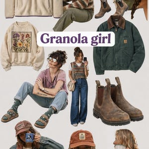 May include: A collection of clothing and accessories with a 'Granola girl' theme. Features a beige fleece pullover, a green and purple fleece, a floral embroidered sweatshirt, a green jacket, brown boots, and a brown cap.